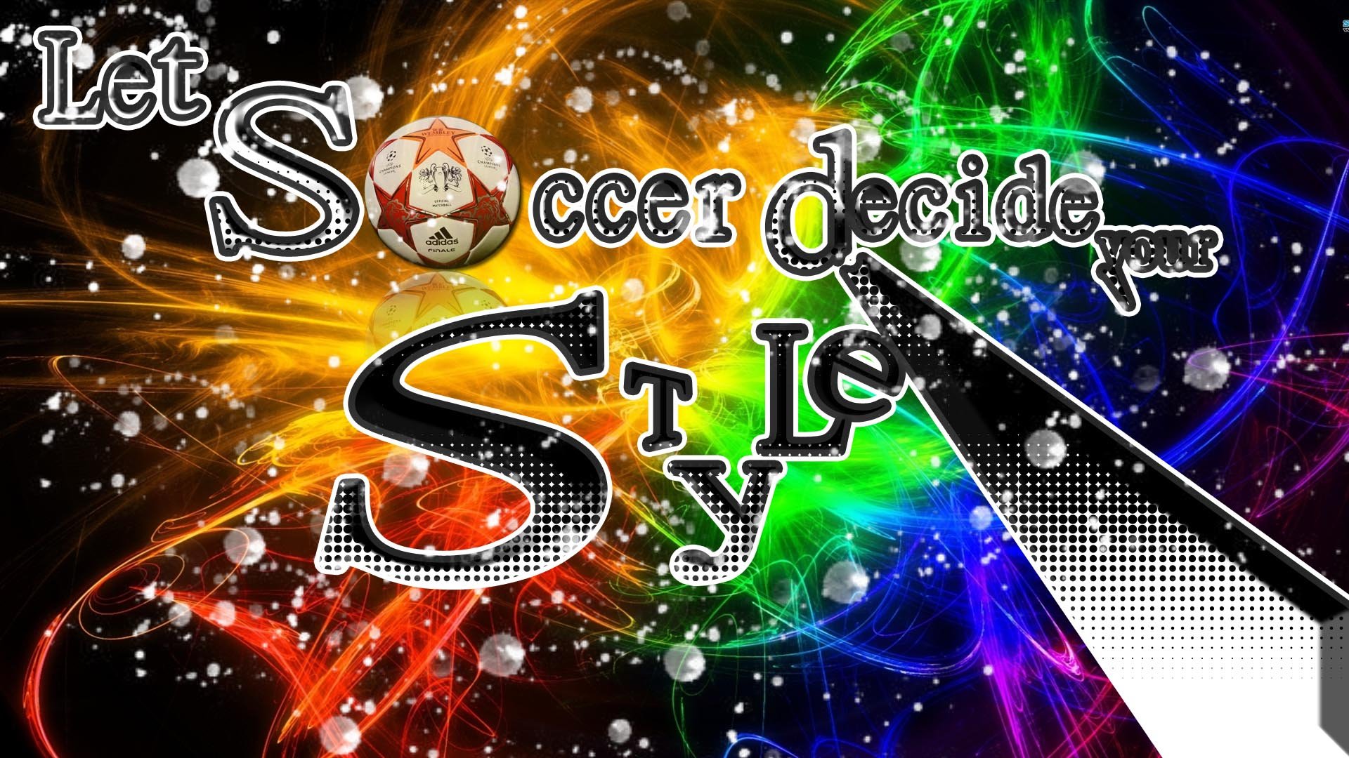 HD PC desktop wallpaper featuring vibrant rainbow colors and dynamic text incorporating a soccer ball, emphasizing sports and the spirit of soccer.
