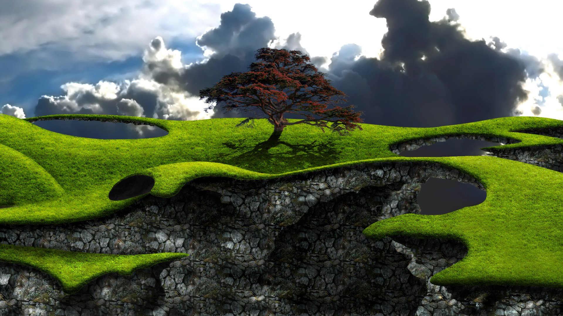 Fantasy landscape featuring a lone tree on vibrant green hills with deep rocky crevices beneath, captured in a detailed HD PC desktop wallpaper background.