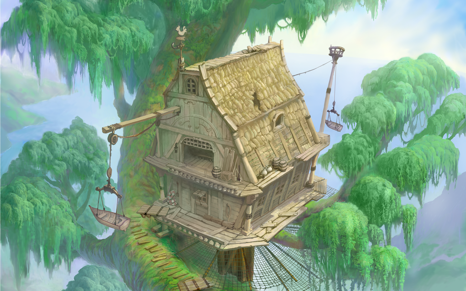 HD PC desktop wallpaper featuring a detailed, fantasy treehouse from the Kingdom Hearts video game series surrounded by lush green foliage and soft lighting.