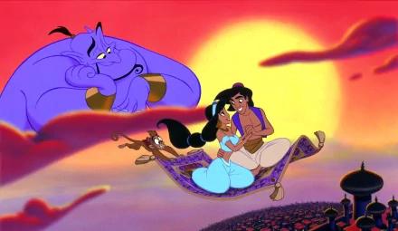 HD wallpaper of Aladdin characters on a magic carpet with Genie, from the 1992 animated film.