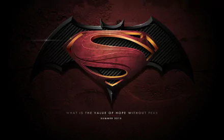 HD desktop wallpaper featuring the combined Batman and Superman logo from Batman V Superman: Dawn of Justice, set against a textured red background with the quote What is the value of hope without fear?