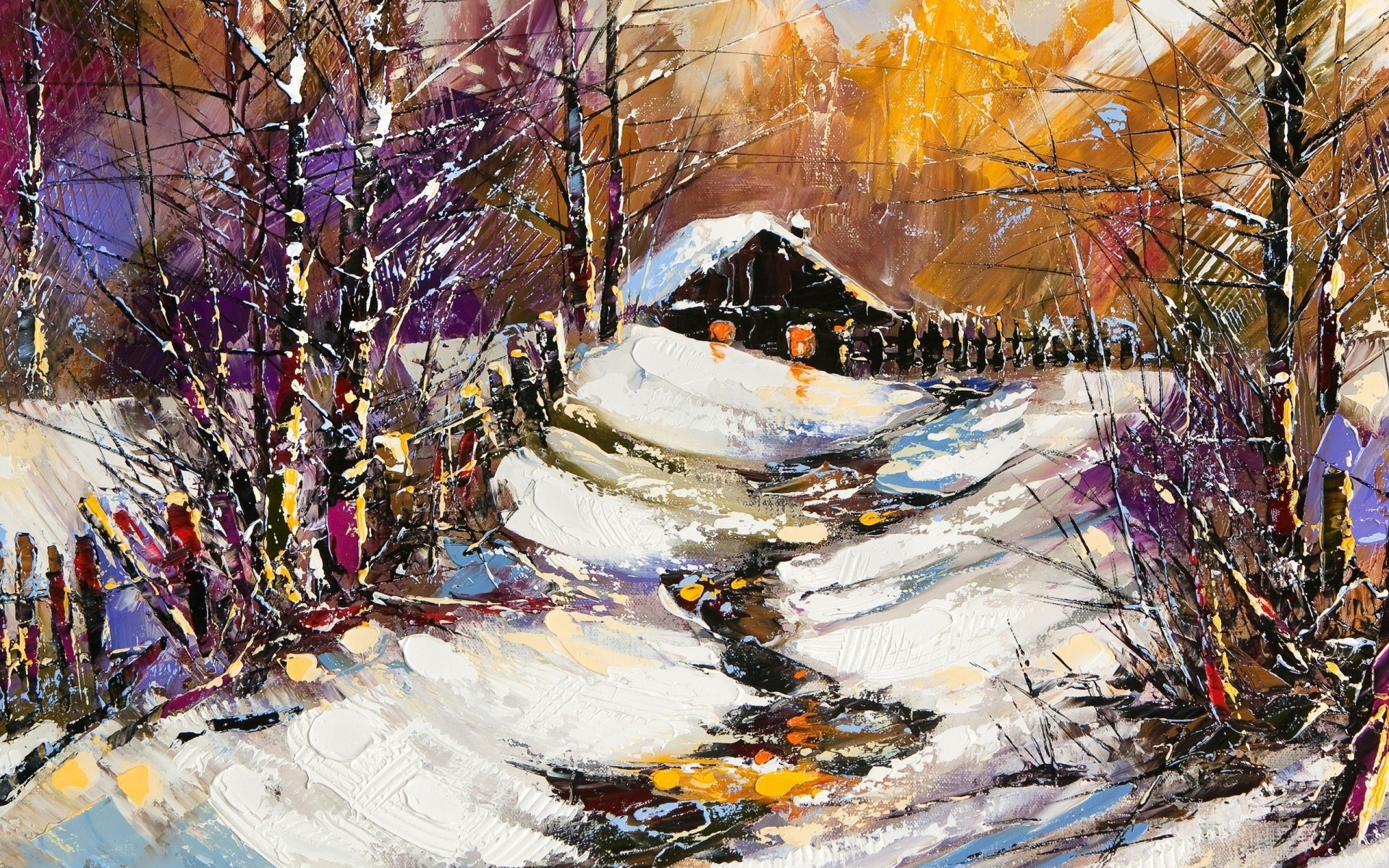 A vibrant artistic landscape featuring a snow-covered path leading to a rustic cabin, surrounded by trees and warm autumn hues, crafted as a stunning HD desktop wallpaper.