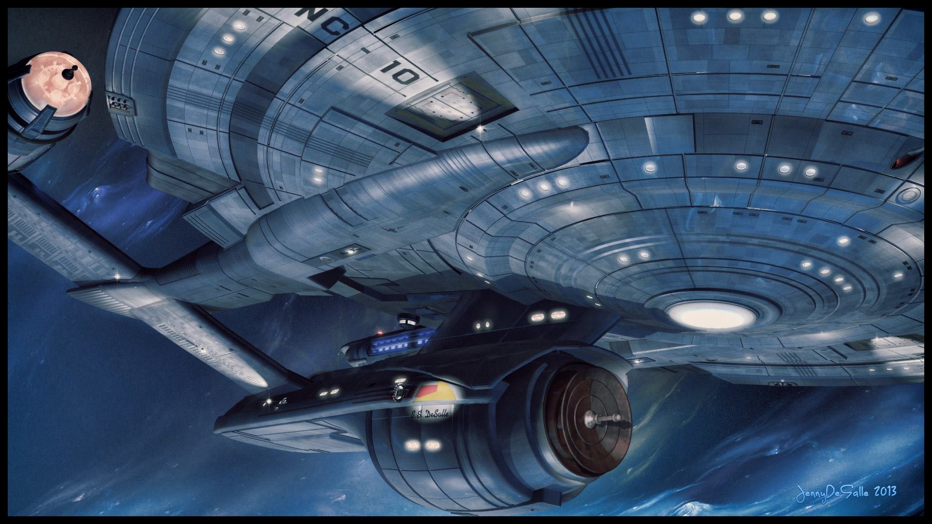 HD PC desktop wallpaper featuring a detailed Star Trek sci-fi spaceship flying near a large space station against a starry cosmic background.