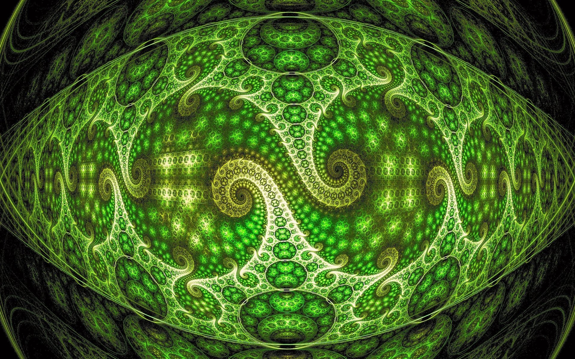 Abstract green fractal spiral pattern forming an eye-shaped 2K Quad HD PC desktop wallpaper and background with intricate glowing swirls and symmetrical ornamental details.