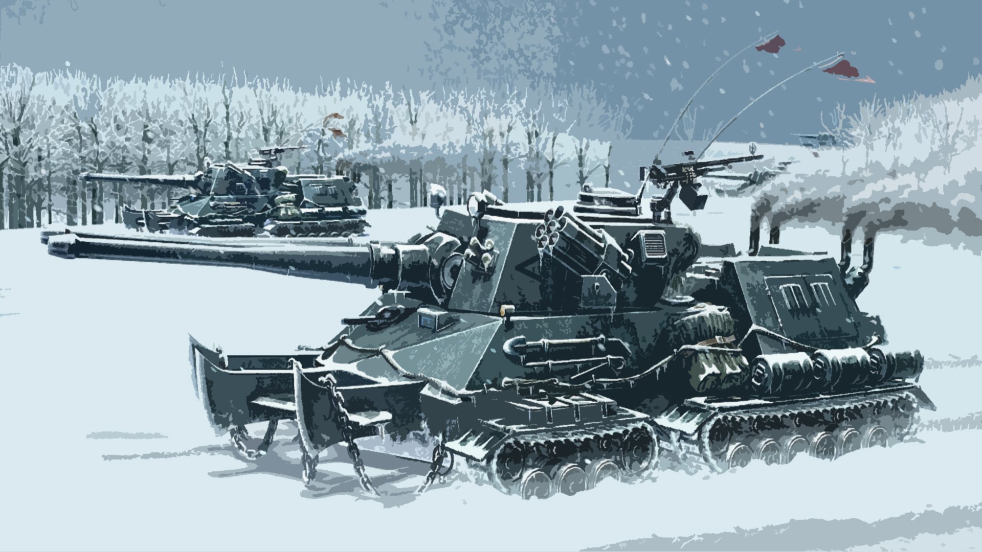 HD PC desktop wallpaper background: military tanks with snowplow blades traverse a snowy forest landscape beneath a pale winter sky.