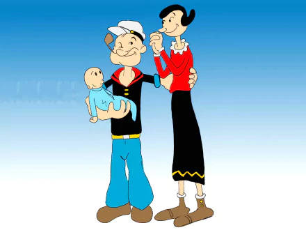 HD desktop wallpaper and background featuring characters from the TV show Popeye with Popeye holding a baby and Olive Oyl standing beside him.