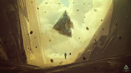 HD wallpaper of a surreal landscape featuring a floating pyramid, a lone figure, and rocks against a luminous backdrop.