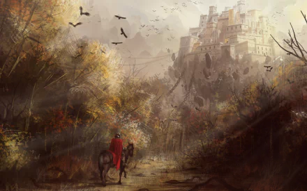 HD fantasy PC desktop wallpaper featuring a majestic castle perched on a rocky hill, with a lone rider approaching through a misty, autumnal forest.