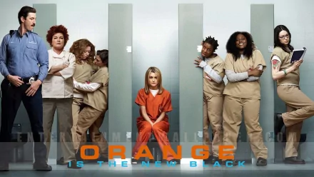 HD wallpaper featuring Piper Chapman and other characters from 'Orange Is the New Black' against a prison backdrop.