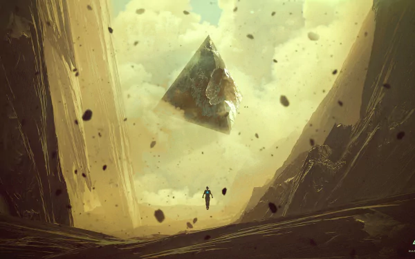 HD wallpaper of a surreal landscape featuring a floating pyramid, a lone figure, and rocks against a luminous backdrop.