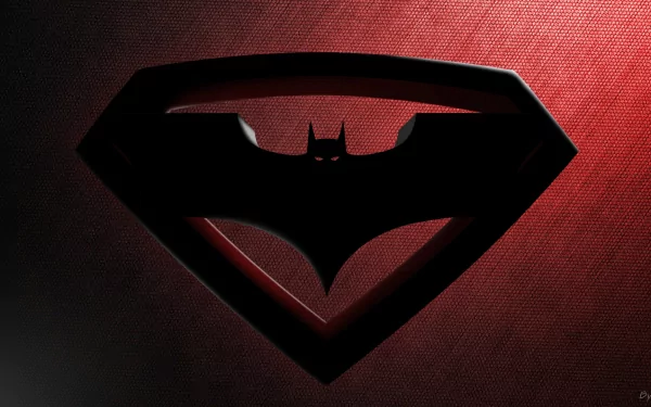 HD desktop wallpaper featuring the merged logos of Batman and Superman from the movie Batman V Superman: Dawn of Justice against a textured red background.