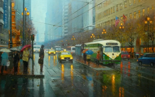 Artistic city artwork of a rainy urban street: trolley, cars and pedestrians with umbrellas, glowing streetlights and wet reflections — HD PC desktop wallpaper and background.