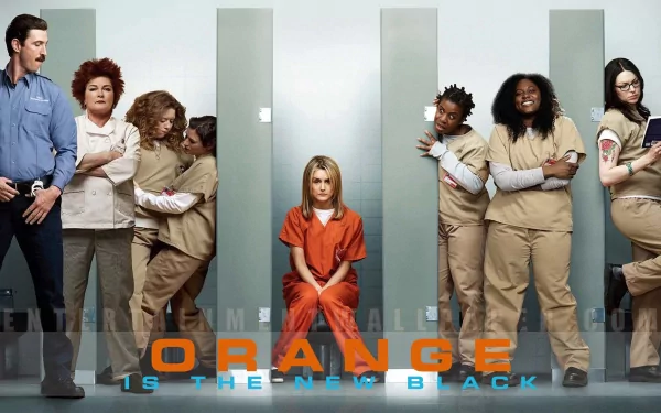 HD wallpaper featuring Piper Chapman and other characters from 'Orange Is the New Black' against a prison backdrop.