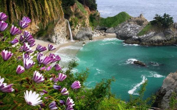 A stunning view of McWay Falls cascading into a turquoise cove, framed by lush greenery and vibrant flowers, showcasing the beauty of nature along the coastline.
