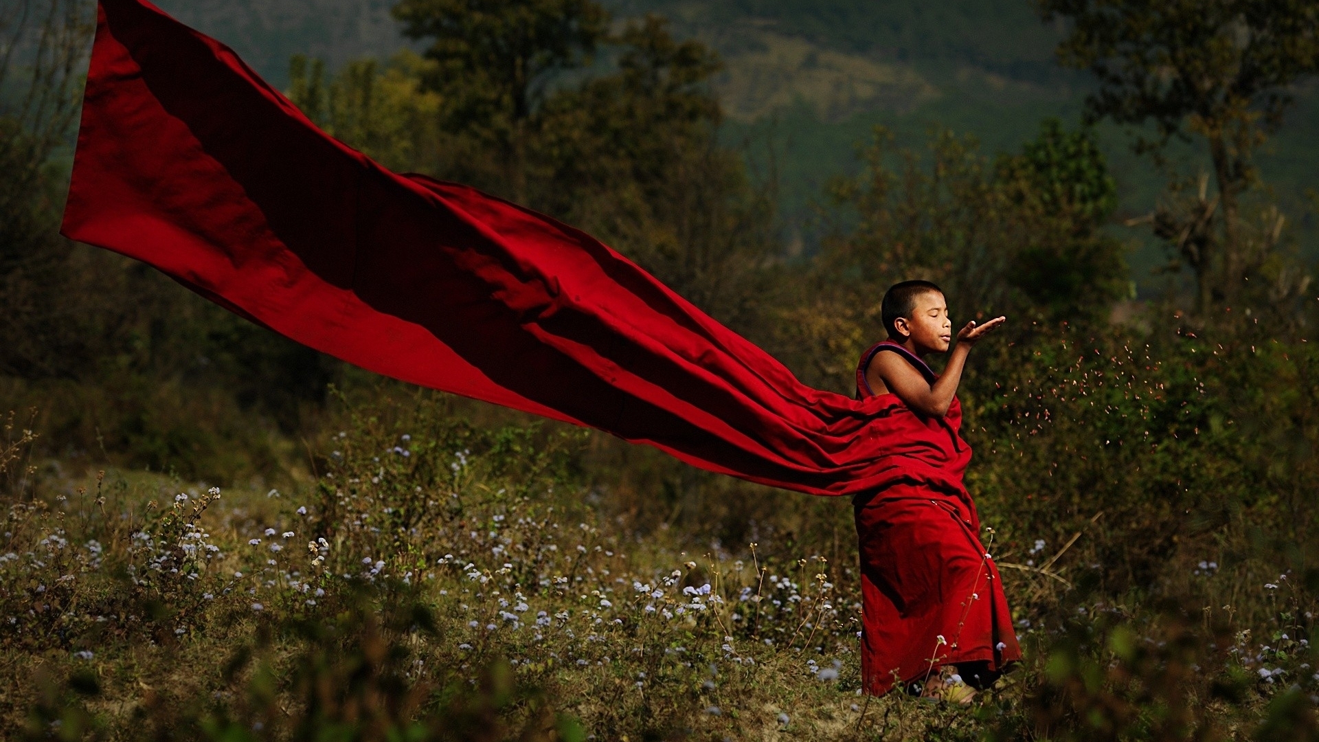 Premium Photo | A monk in a dark room with a tree in the background