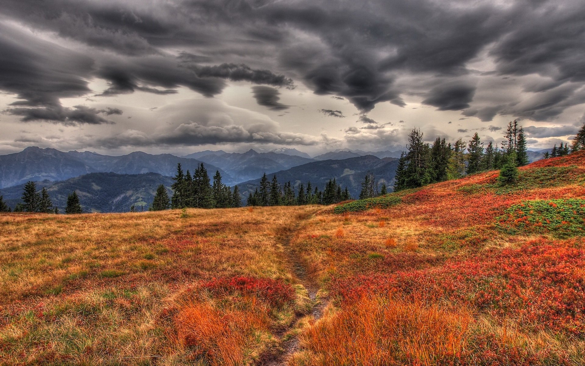 HD PC desktop wallpaper nature landscape: stormy sky over distant mountains, red-orange alpine meadow with a narrow winding path and a line of evergreens.
