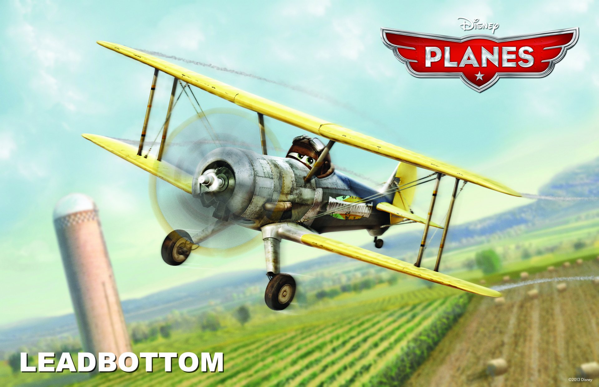 HD desktop wallpaper of Leadbottom from Disney's Planes flying over farmland.