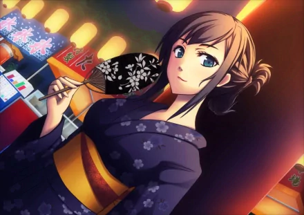 An anime character in a stylish kimono holds a fan, set against a vibrant festival backdrop, creating a striking HD desktop wallpaper and background.