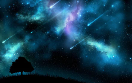 Artistic night sky with vibrant blue and purple nebulae, streaking meteors, and a silhouetted tree, captured in HD as a PC desktop wallpaper background.