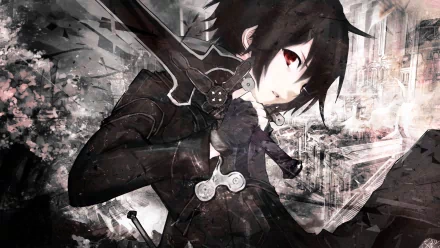 HD wallpaper of Kirito from Sword Art Online wielding the Night Sky Sword, featuring dynamic pose with black hair and red eyes against a stylized background.