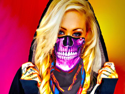A striking HD wallpaper featuring a woman with blonde hair wearing a colorful skull mask, embodying Hip Hop and rap culture with an artistic flair.
