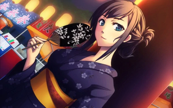 An anime character in a stylish kimono holds a fan, set against a vibrant festival backdrop, creating a striking HD desktop wallpaper and background.