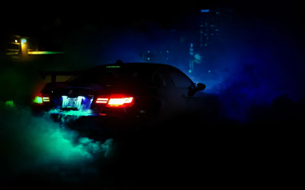 A sleek car emits vibrant blue and green smoke against a dark backdrop, capturing the thrilling essence of Fast & Furious 6 in this HD desktop wallpaper.