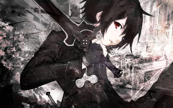 HD wallpaper of Kirito from Sword Art Online wielding the Night Sky Sword, featuring dynamic pose with black hair and red eyes against a stylized background.