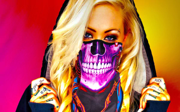 A striking HD wallpaper featuring a woman with blonde hair wearing a colorful skull mask, embodying Hip Hop and rap culture with an artistic flair.