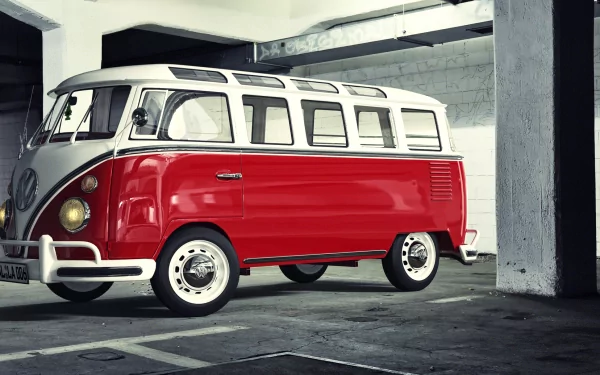 HD desktop wallpaper featuring a classic red and white Volkswagen Kombi parked in an indoor garage.