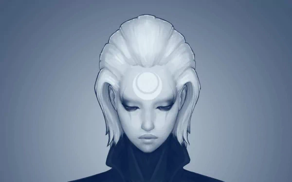 HD wallpaper featuring Diana from League of Legends, showcasing her distinctive look with a serene expression and striking features against a minimalist blue background.