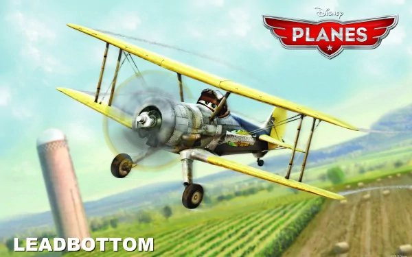 HD desktop wallpaper of Leadbottom from Disney's Planes flying over farmland.