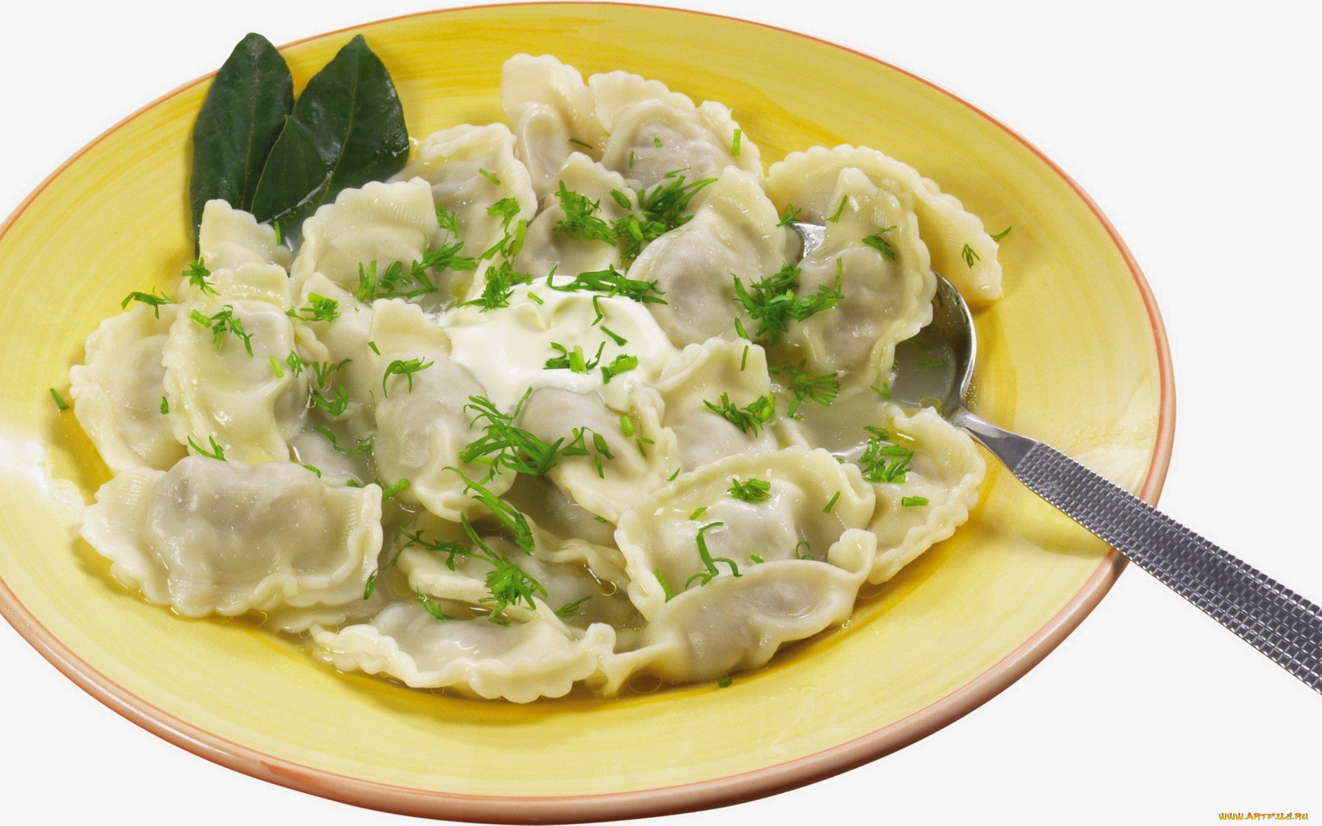 HD PC desktop wallpaper featuring a plate of ravioli pasta garnished with herbs and a dollop of cream on a yellow plate against a white background.