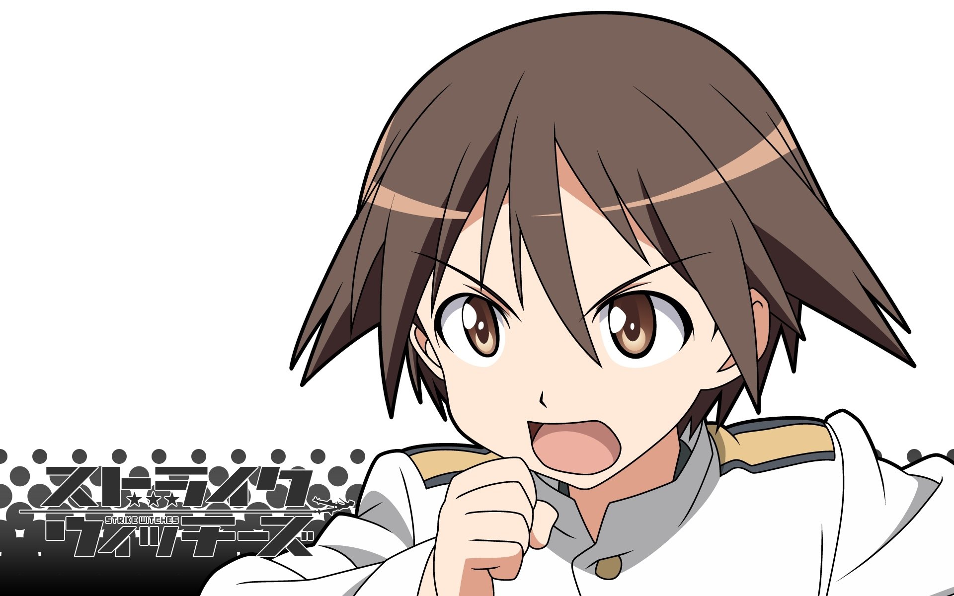 HD PC desktop wallpaper of an energetic Strike Witches anime character in a white military-style uniform, shouting with fist raised against a clean white background.