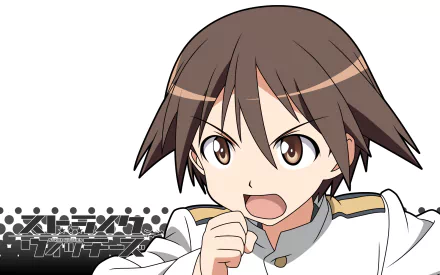 HD PC desktop wallpaper of an energetic Strike Witches anime character in a white military-style uniform, shouting with fist raised against a clean white background.