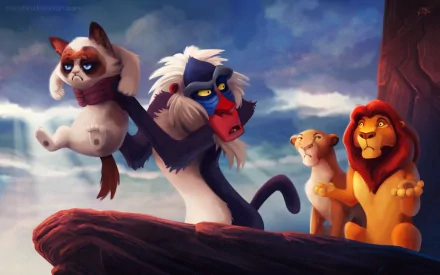 HD wallpaper featuring a humorous scene with Grumpy Cat alongside Mufasa and other characters from The Lion King on a cliff.