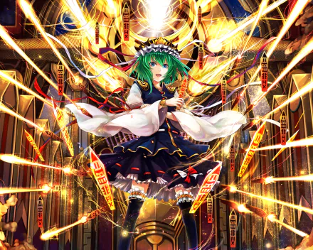 HD anime desktop wallpaper featuring Eiki Shiki from Touhou, depicted with vibrant green hair, traditional attire, and dynamic glowing effects in a dramatic scene.