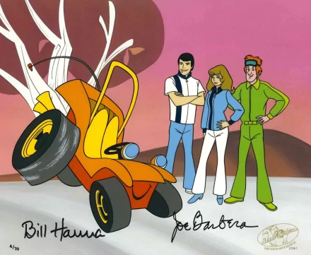 HD PC desktop wallpaper featuring characters and the orange dune buggy from the TV show Speed Buggy against a stylized pink and brown background.