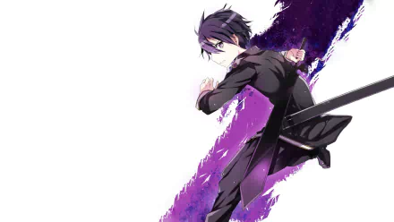 HD desktop wallpaper featuring Kirito from Sword Art Online, illustrated in an action pose with dynamic purple slashes.