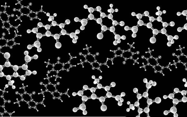 HD desktop wallpaper featuring detailed 3D molecular structures against a black background, highlighting themes of technology, physics, and chemistry.