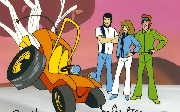 HD PC desktop wallpaper featuring characters and the orange dune buggy from the TV show Speed Buggy against a stylized pink and brown background.