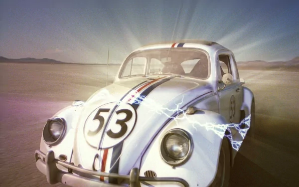 HD desktop wallpaper featuring Herbie, the iconic Love Bug car with number 53, glowing with electric effects against a desert landscape background.