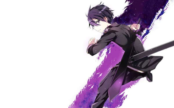 HD desktop wallpaper featuring Kirito from Sword Art Online, illustrated in an action pose with dynamic purple slashes.