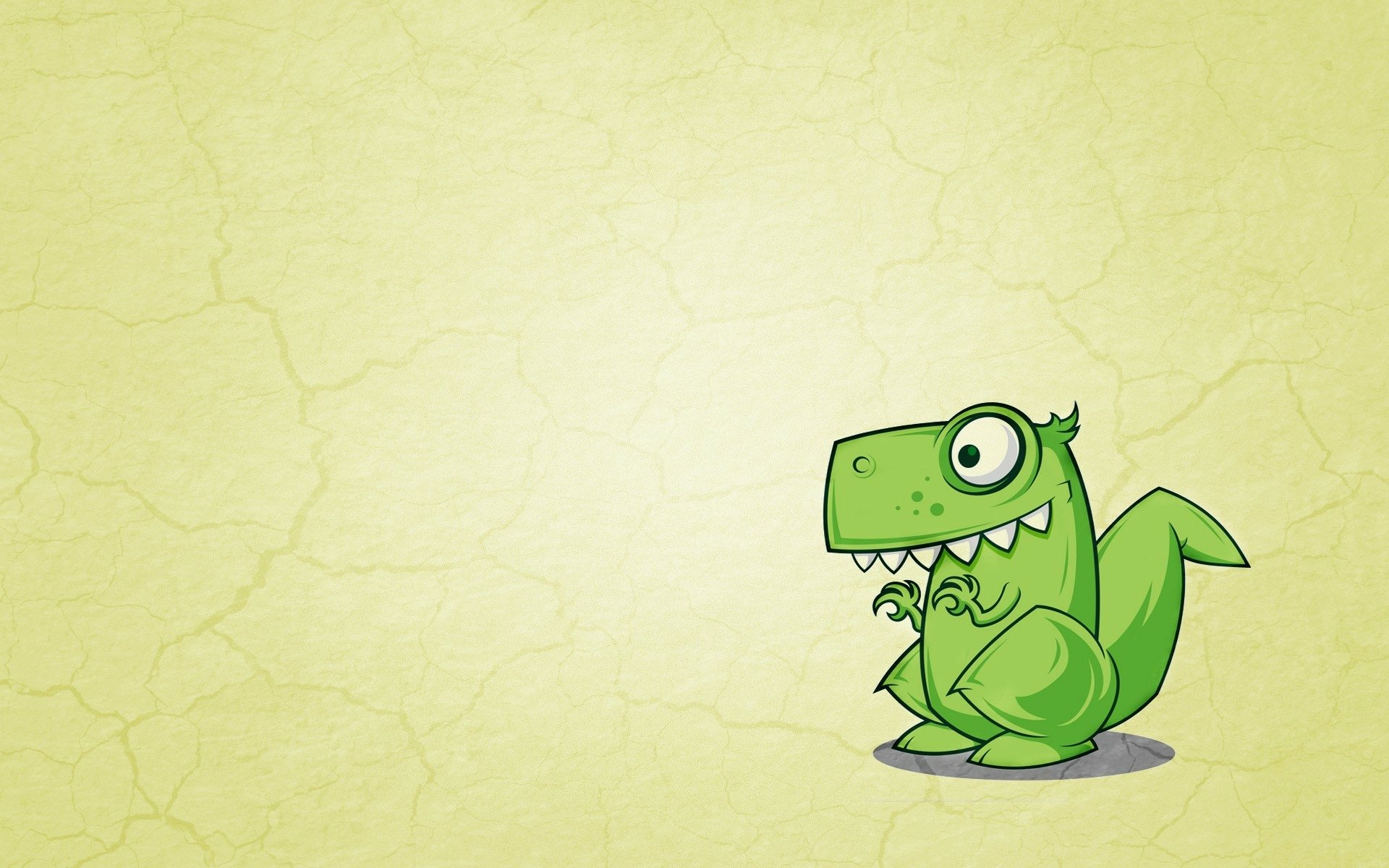 Funny green cartoon dinosaur with a goofy expression on a textured light background, designed as an HD PC desktop wallpaper and background.