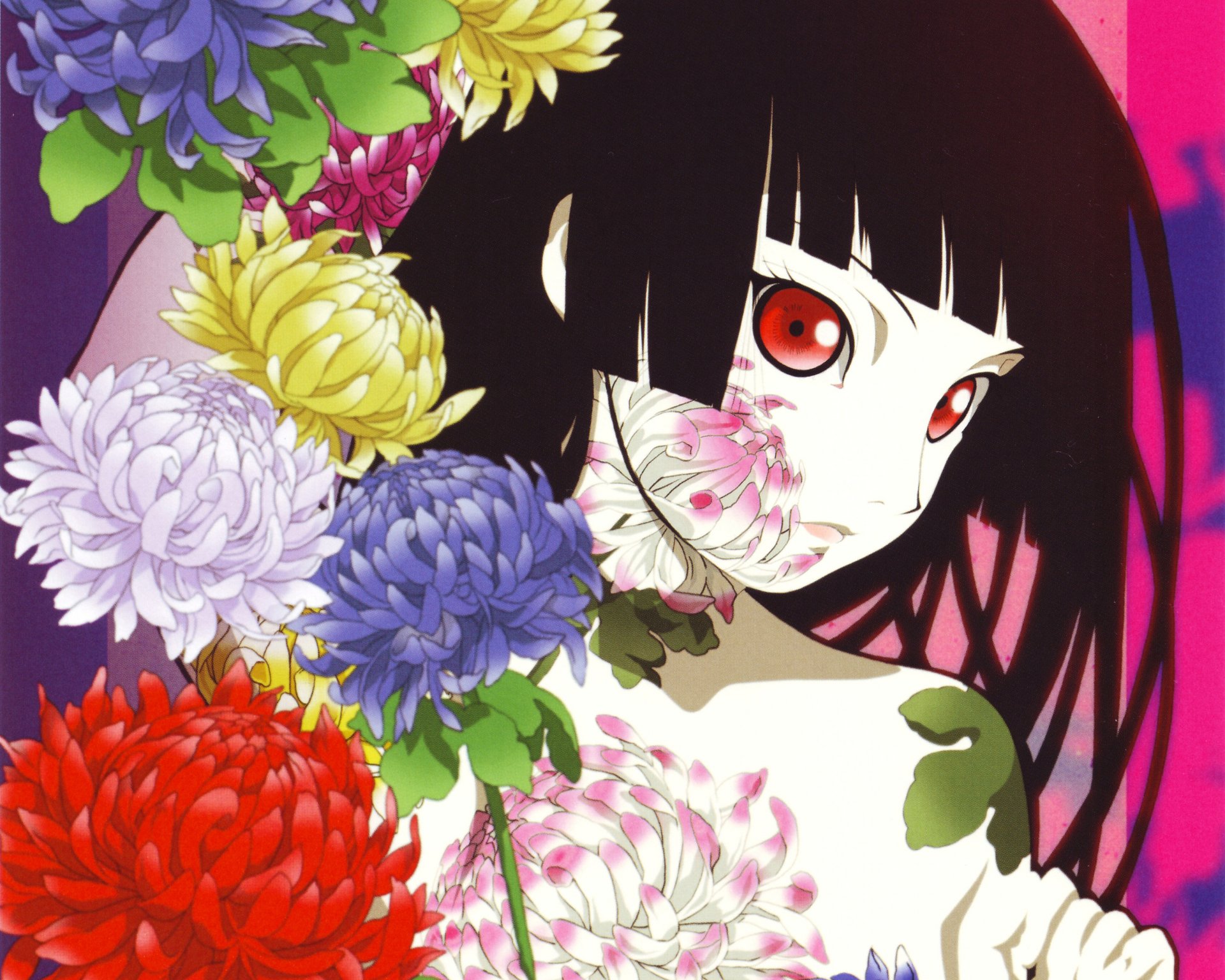Anime Hell Girl 4K Ultra HD PC desktop wallpaper — pale girl with black hair and red eyes, chrysanthemums and petals wrapping her face and shoulder against a vivid magenta backdrop.