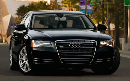 Front view of a black Audi sedan on a city street, high-resolution HD PC desktop wallpaper background.