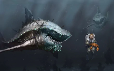 Artistic HD PC desktop wallpaper featuring a menacing mechanical shark confronting a deep-sea diver in a dark, eerie underwater environment.
