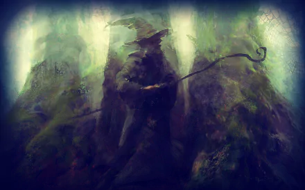 A mystical HD wallpaper featuring Gandalf, the iconic wizard from *The Lord of the Rings*, standing amidst an enchanting forest backdrop.
