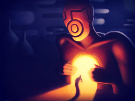 HD PC desktop wallpaper featuring a weird alien figure from Portal video game sci-fi universe, holding a glowing portal that illuminates a small human silhouette.