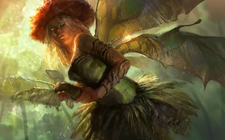 Fantasy HD PC desktop wallpaper featuring a detailed fairy with butterfly wings, glowing softly in a mystical forest setting.